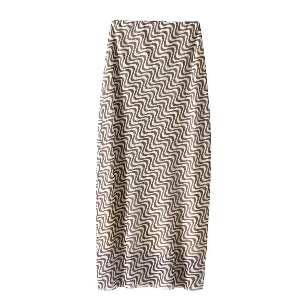 Women's Silk Screen Print Hanging Neck Open Back Top with High Waist Slimming Skirt Set Summer Fashion Two-Piece Outfit