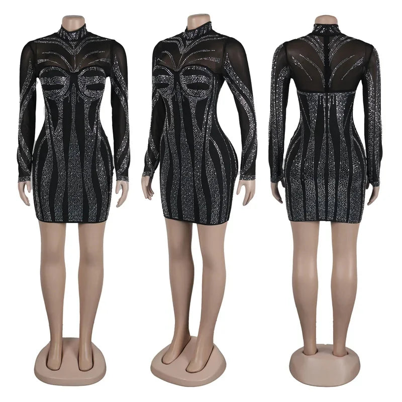 Rhinestone Crystal Birthday Dress Mesh Patchwork Bodycon