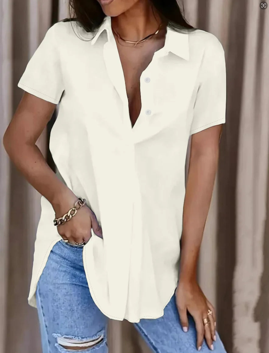 Women Elegant Solid Button V Neck Blouse Casual Short Sleeve Loose Fit Office Shirt Top