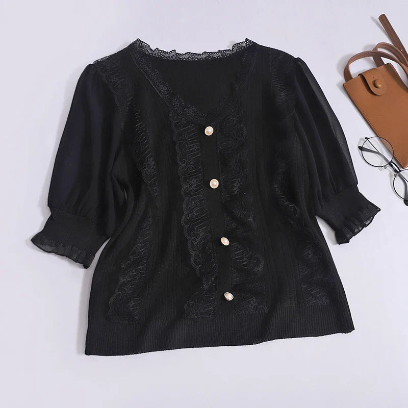 Women's Spring Summer Chiffon Short Sleeve Top Vintage V Neck Lace Trim Pearl Button Blouse Ribbed Elastic Waist Pleated Casual Office Shirt