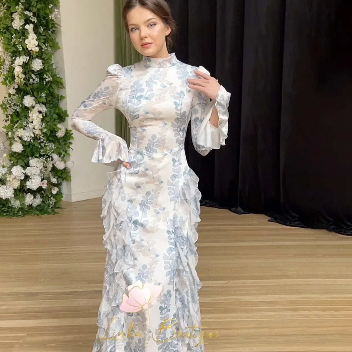 Satin Lace Up Printed Dress Long Sleeve Bodycon Evening Gown