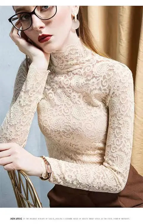 Winter High Neck Long Sleeve Fleece Lace Women T-Shirt Elegant Trendy Top