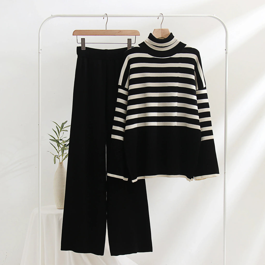 Cozy Winter Oversized Stripe Knit Two-Piece Sweater Set with Warm Turtleneck Pullover and Long Sleeve Casual Autumn Lounge Wear