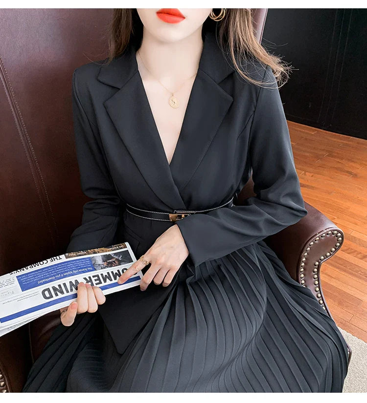 Faux Two Piece Dress With Blazer Collar Pleated Skirt