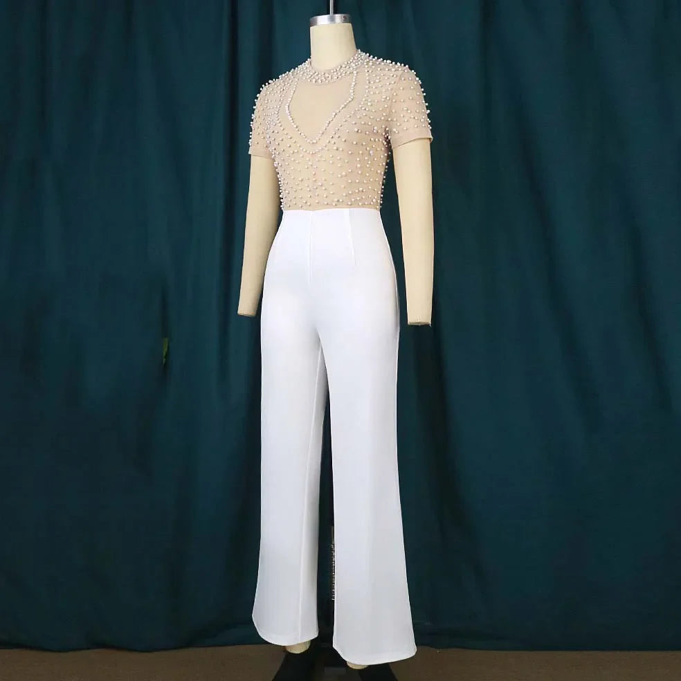 Elegant High Waisted Beaded Short Sleeve Jumpsuit for Women Luxury Birthday Dinner Party Romper Overalls Outfit