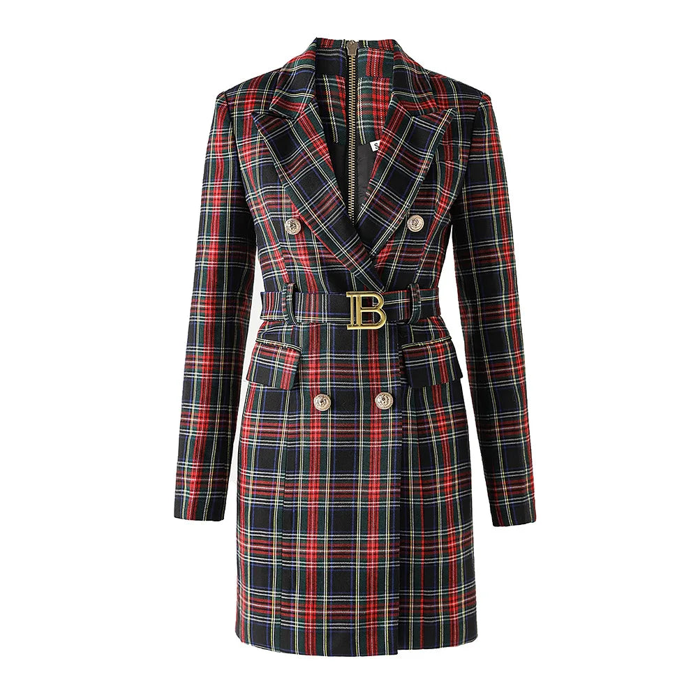 Black Red Plaid Blazer Dress With Belt For Office Women