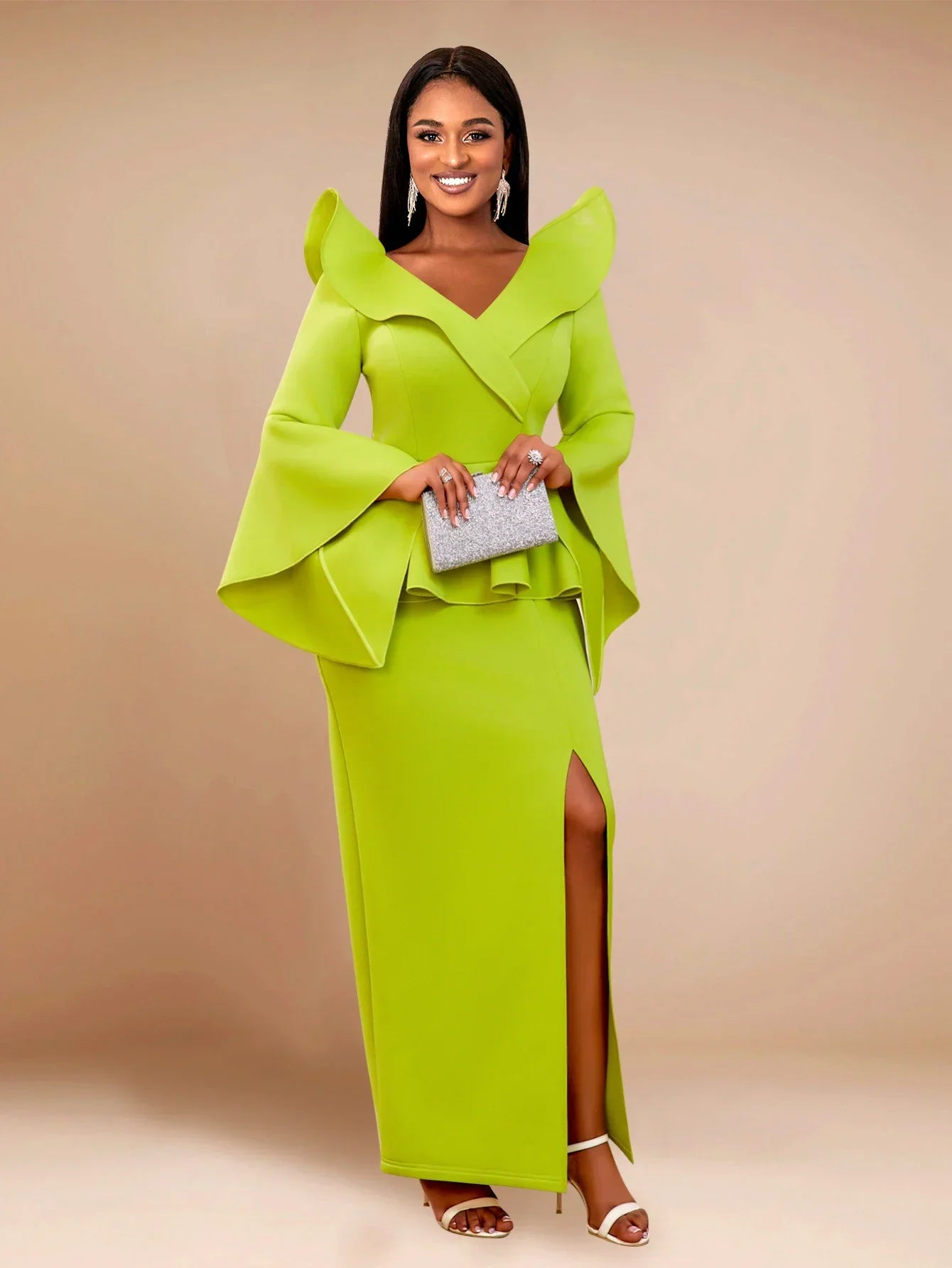 Green V Neck Birthday Party Dress With Ruffles And Slit Long