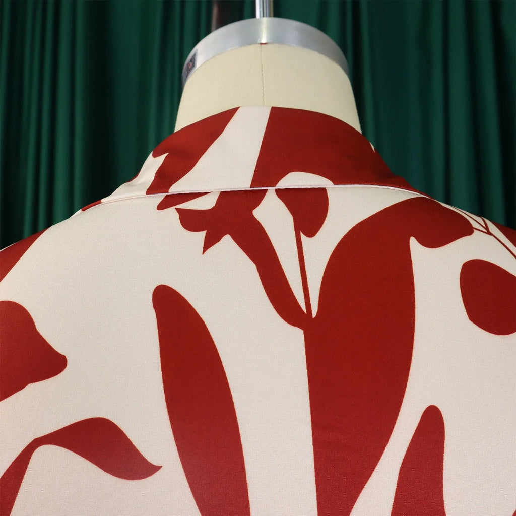 Printed Dress For Women Elegant Turn Collar Ankle Length