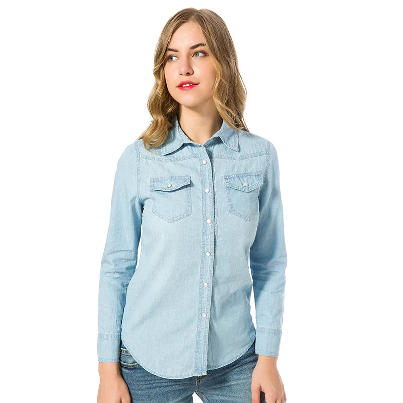 Elegant Sky Blue Denim Shirt for Women Long Sleeve Blouse with Pearl Buttons and Front Pockets Breathable Cotton Korean Style Top