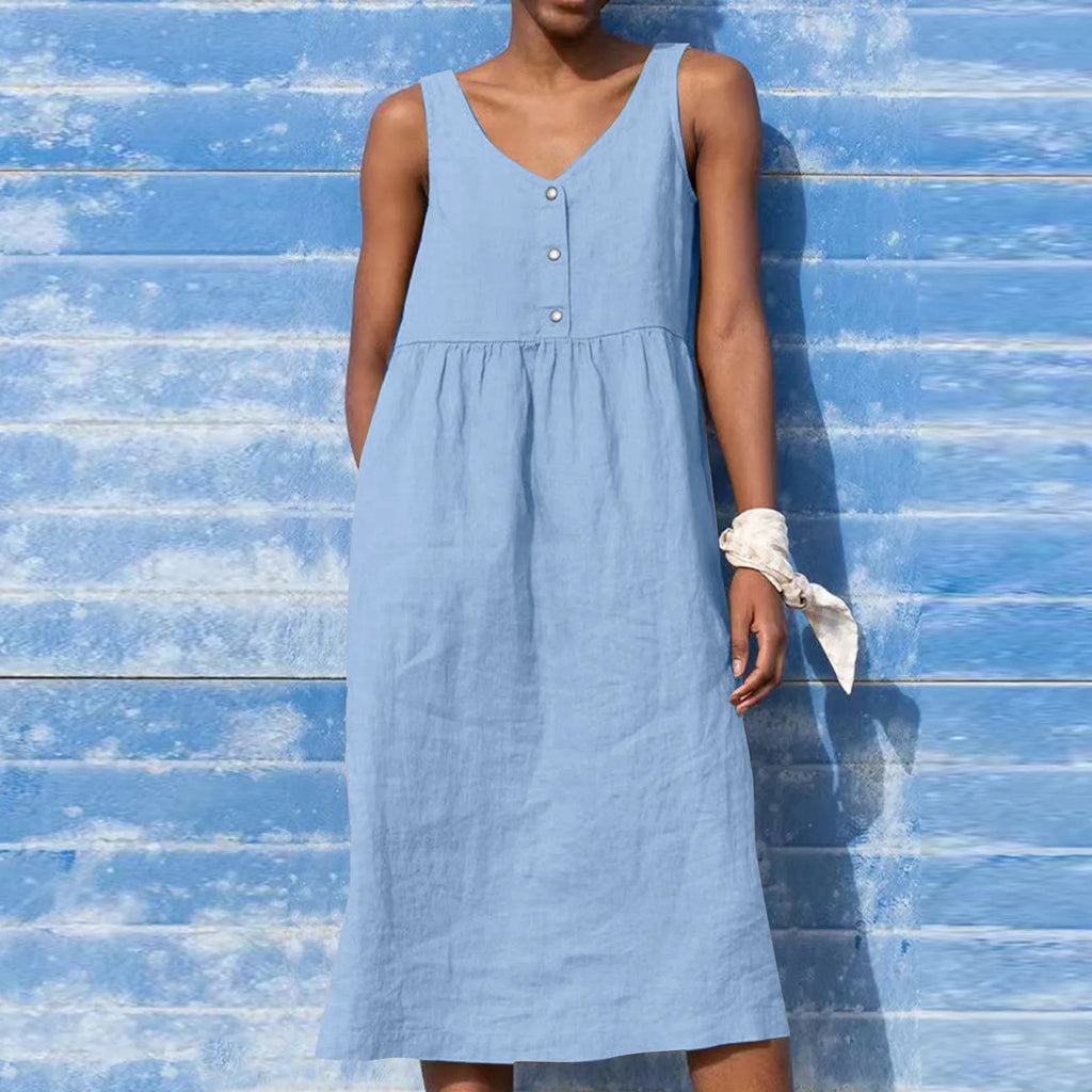 Boho Cotton Linen Sleeveless Dress For Women Summer Holiday
