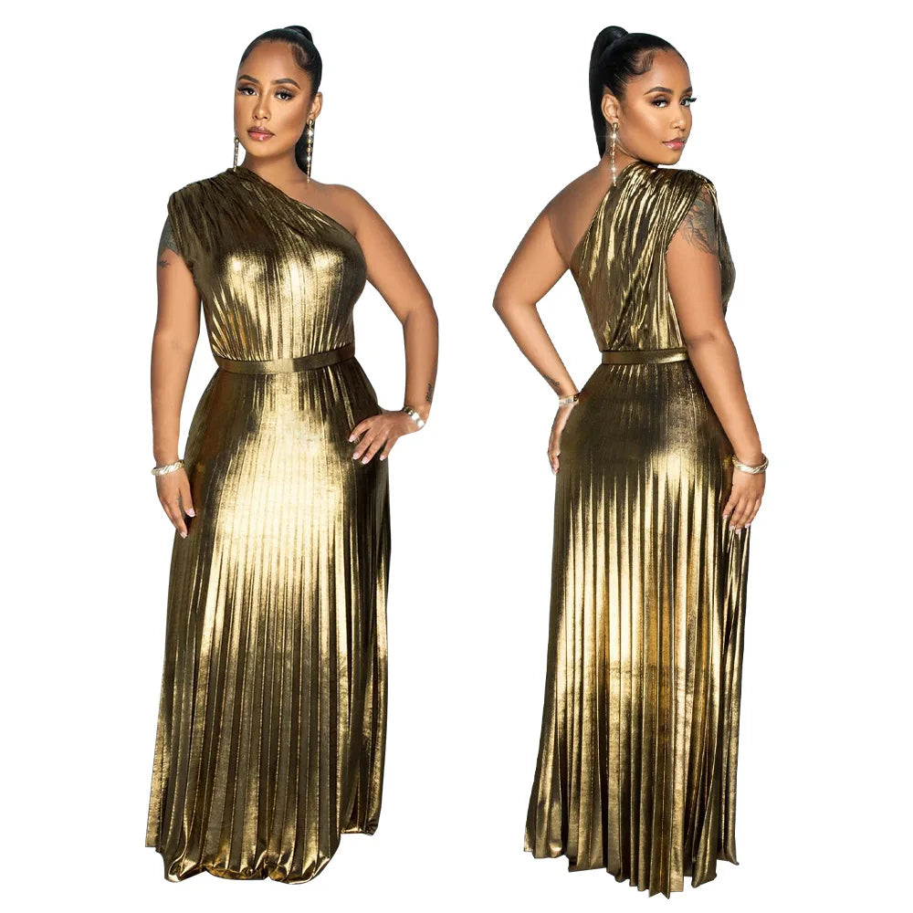 One Shoulder Metallic Pleated Maxi Dress Evening Gown