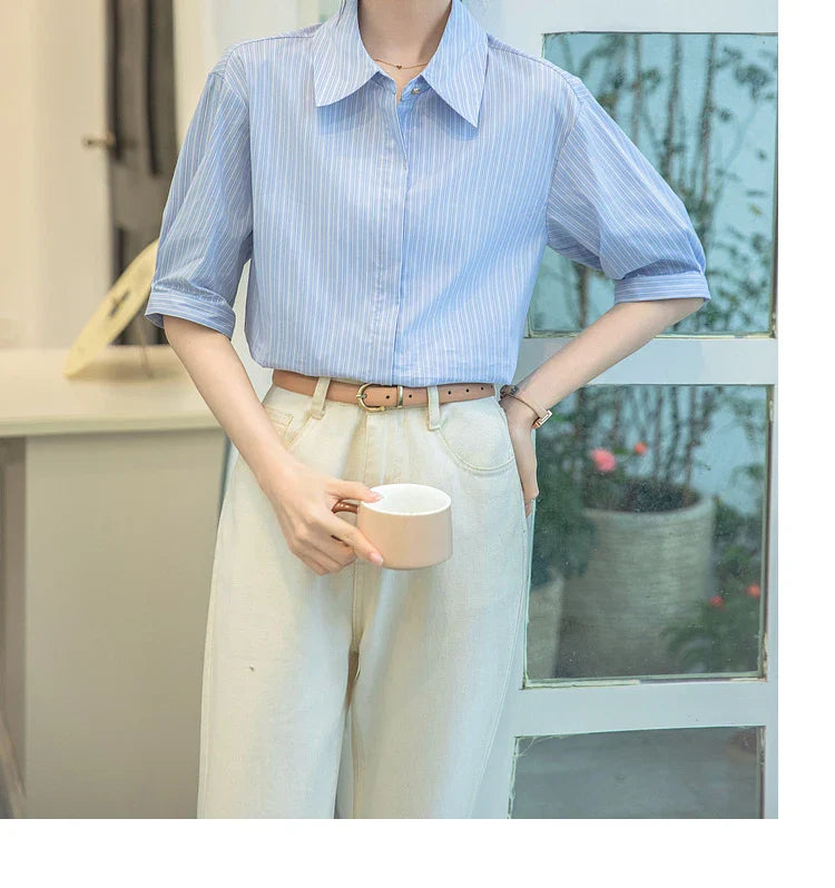 Women Casual Blue Stripe Short Sleeve Polo Collar Shirt Elegant Loose Office Blouse Single Breasted Summer Chic Top