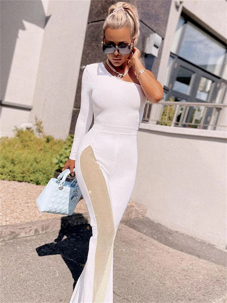 Mesh Patchwork One Sleeve Jumpsuit for Women Hipster Incline Shoulder Sheath Flare Overalls Autumn Streetwear