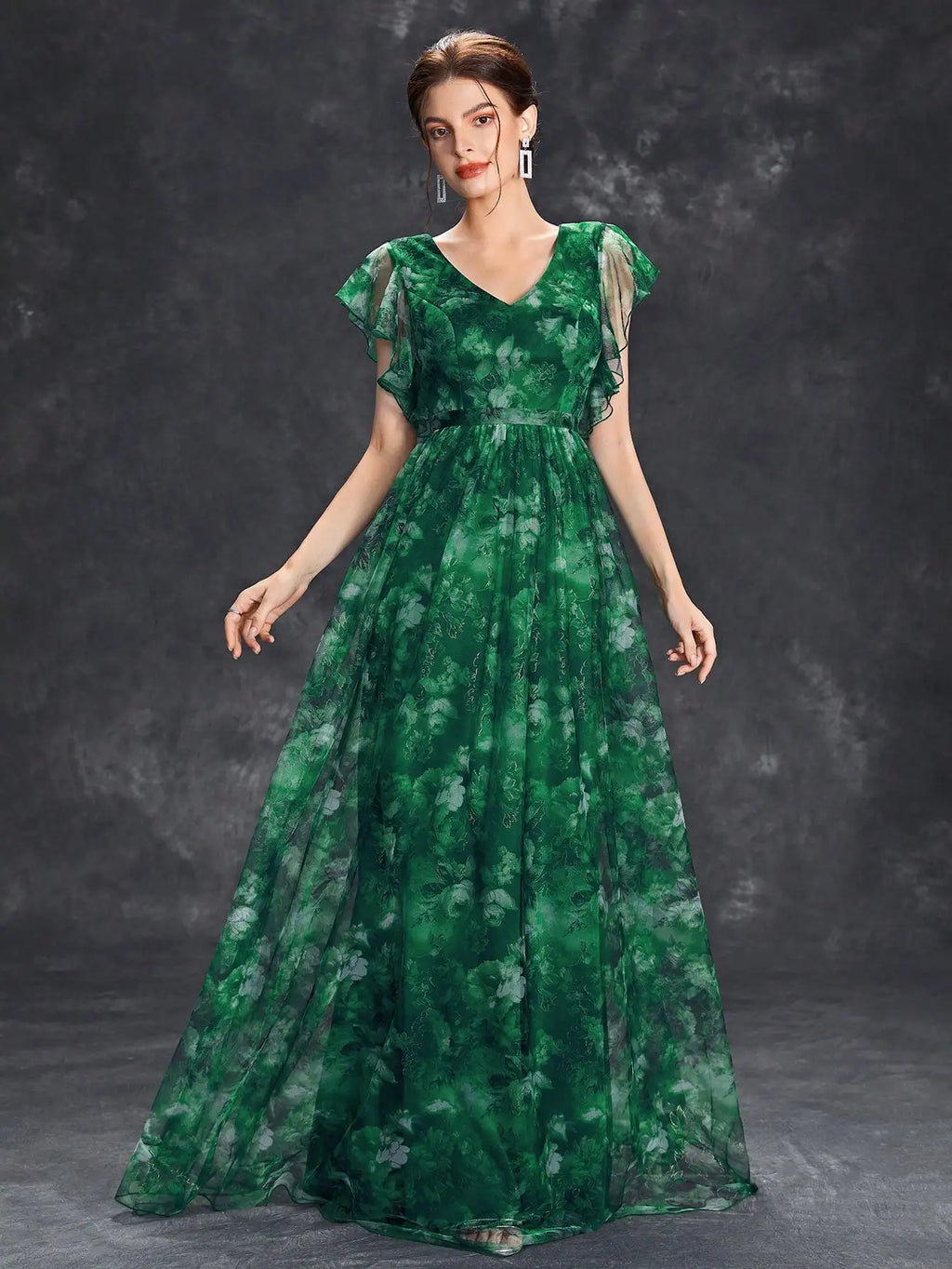 V Neck Lace Patchwork Evening Gown With Ruffled Sleeves