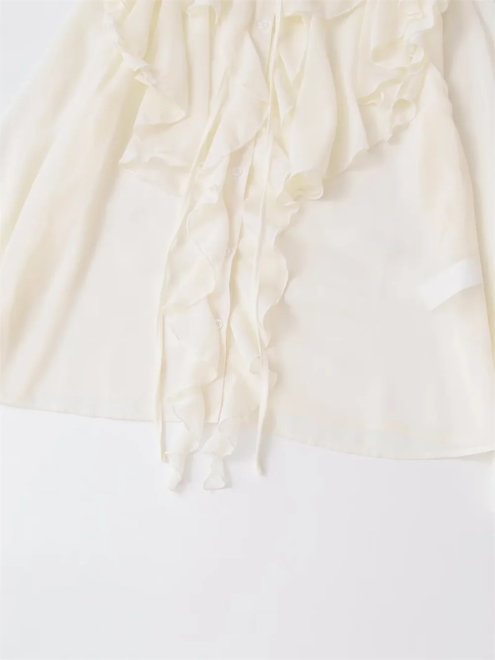 Women's Versatile Half Transparent Long Sleeve Shirt with Round Neck and Adjustable Strap Detail