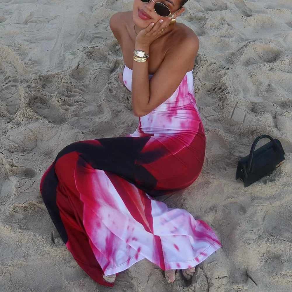 Patchwork Strapless Maxi Beach Dress With Printed Pattern