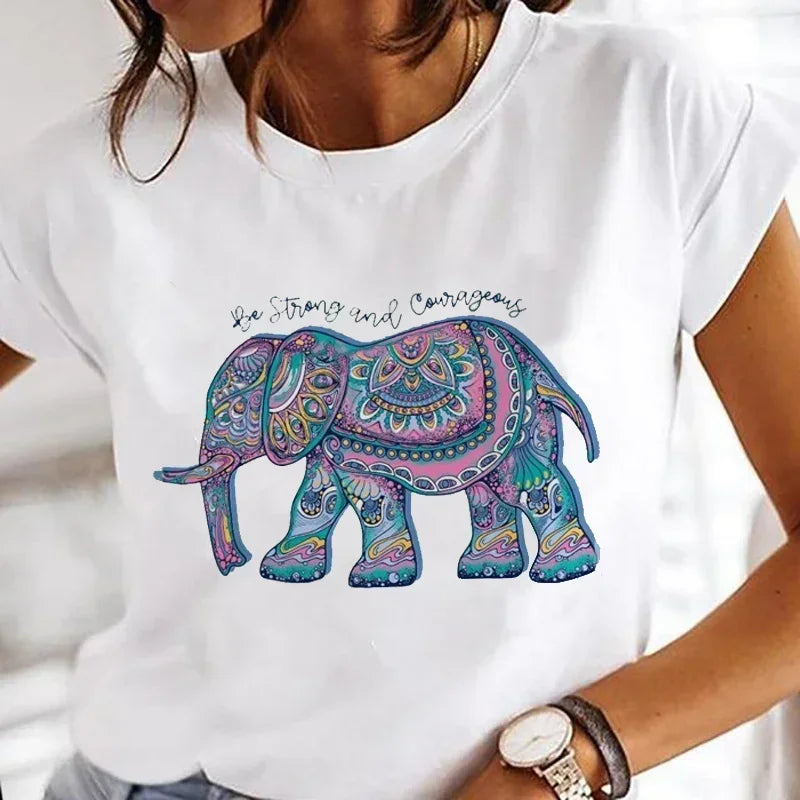 Funny Elephant Boho Printed T-Shirts for Women - Comfortable Short Sleeve Casual Tops