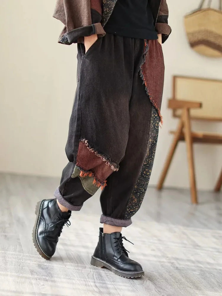 Womens Vintage Denim Two Piece Set with Printed Jacket and Casual Jeans