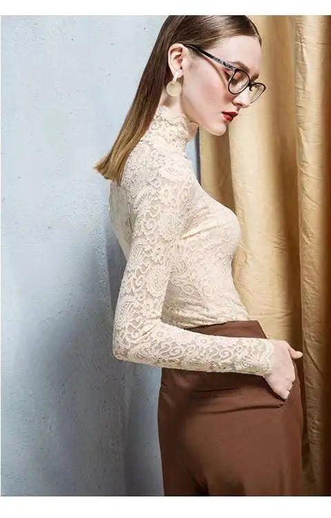 Winter High Neck Long Sleeve Fleece Lace Women T-Shirt Elegant Trendy Top