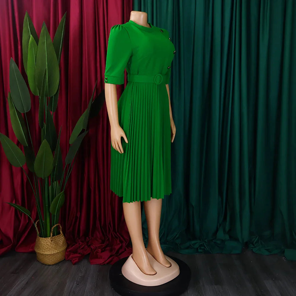 Elegant Pleated Dress for Women Formal Half Sleeve Belted