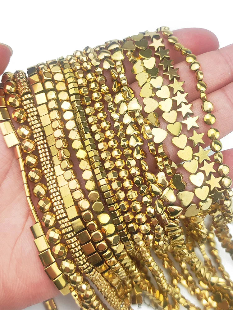 Hematite Natural Stone Gold Plated Loose Beads for DIY Jewelry Making - Star and Heart Shapes