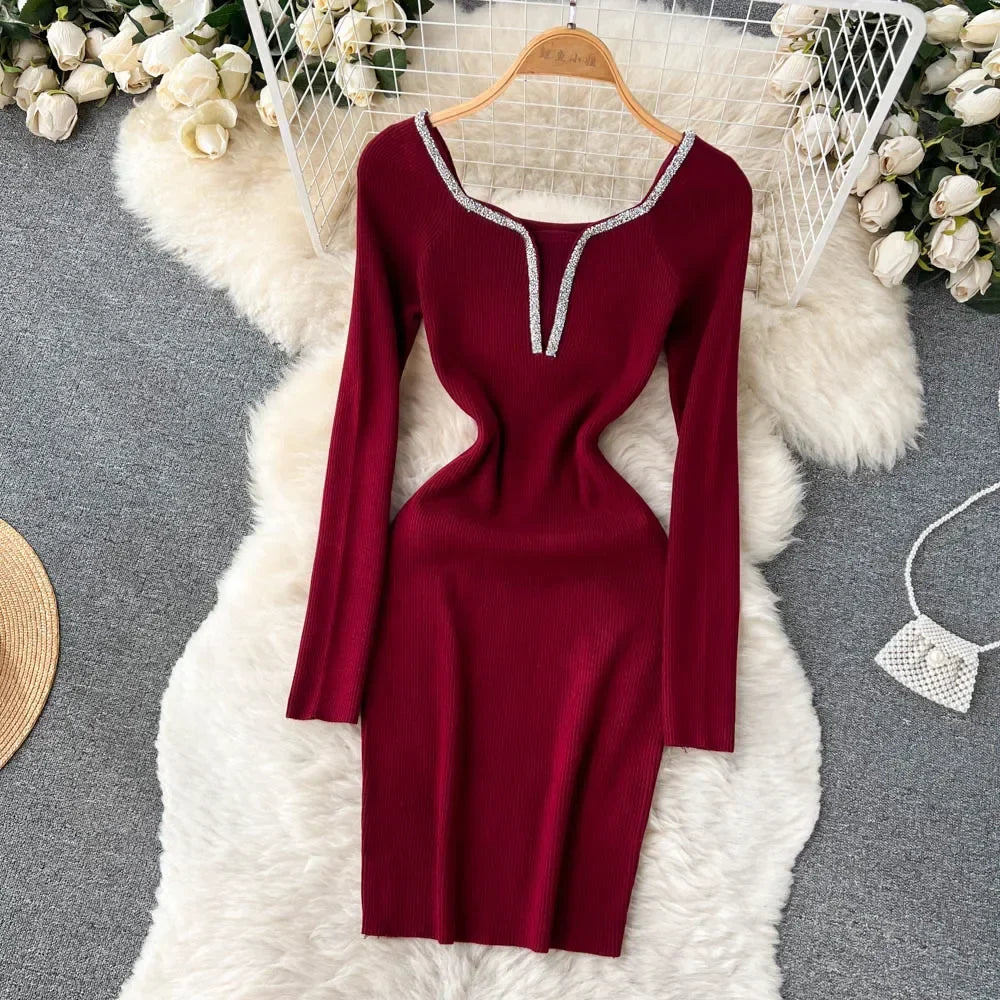 Knit Bodycon Dress For Women Long Sleeve Winter Sweater