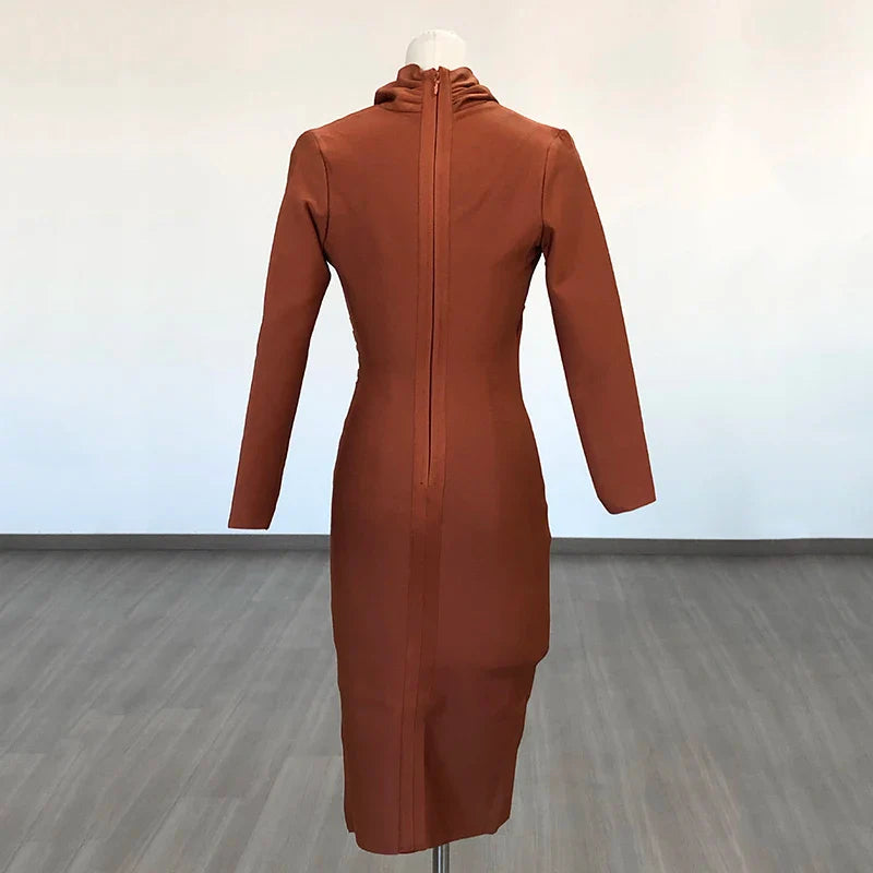 Colorful Deep V Bandage Dress Long Sleeve Bodycon Dress