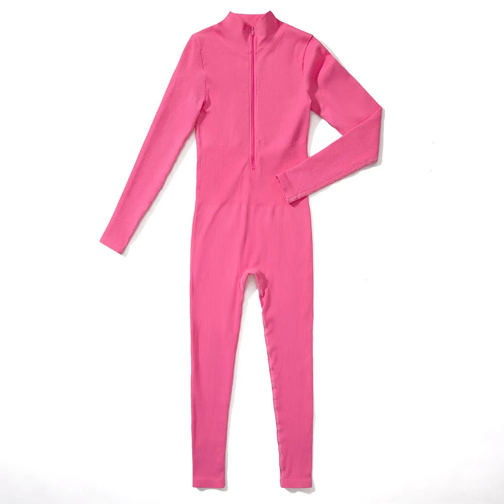 Women's Long Sleeve Solid Bodycon Jumpsuit Zipper Romper Summer Bodysuit Streetwear Overalls Sportswear