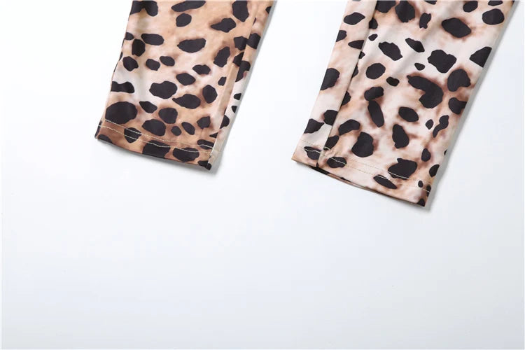 Leopard Print Women's Full Sleeve Zip Jumpsuit Skinny Stretch Fitness Workout Streetwear Overalls