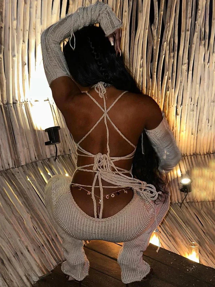 Weird Puss Bandage Knit Halter Jumpsuit with Gloves Women Stretch Sexy Backless Hollow Skinny Street Style Stacked Workout Overalls