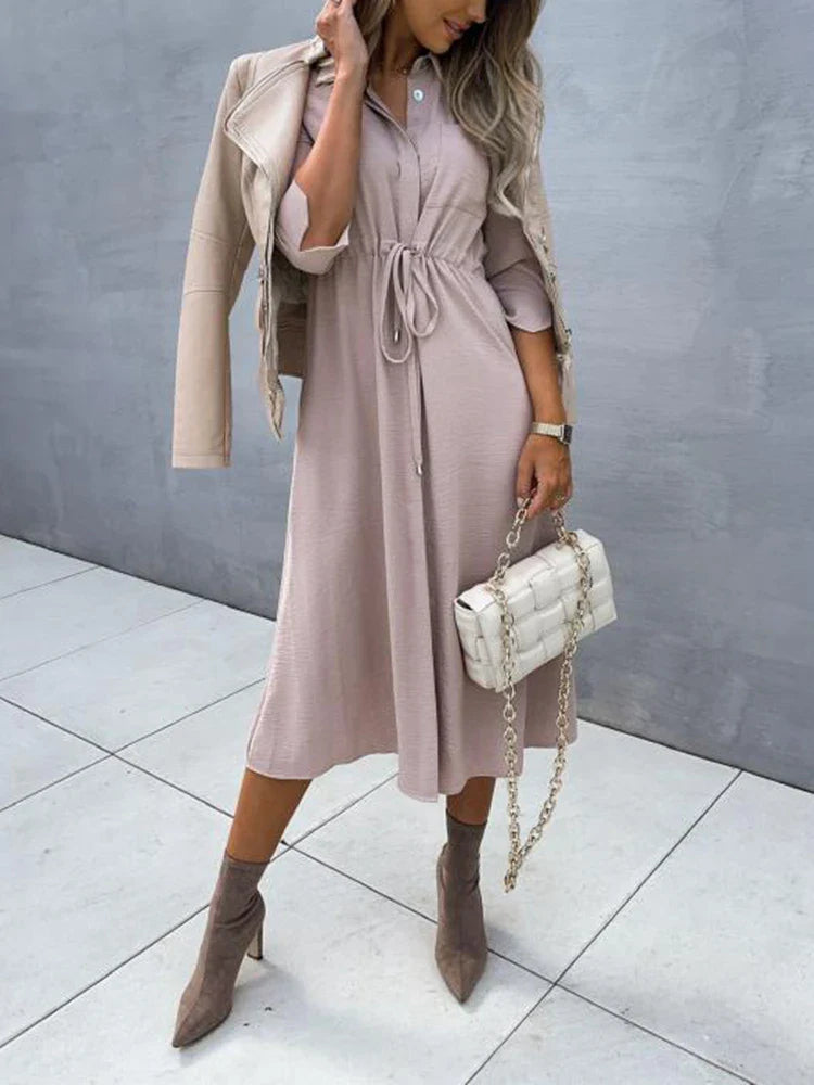 Women's Lace Up Waist Dress Mid Sleeve Aline Solid Color
