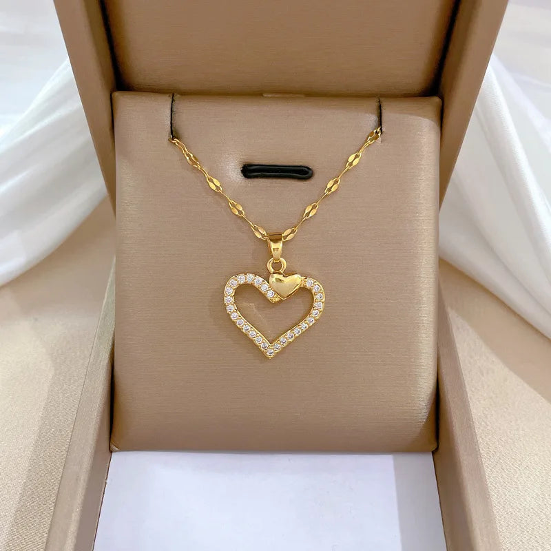 Trendy Heart Stainless Steel Zirconia Necklace for Women - Elegant Gold Color Jewelry for Parties and Daily Wear