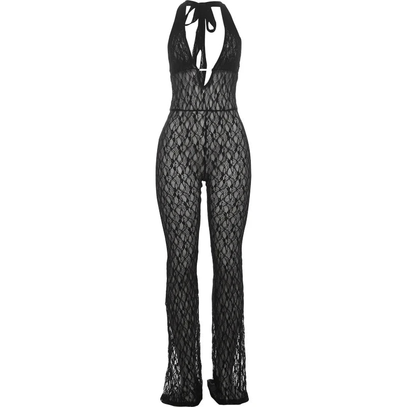 Sexy Mesh Halter Jumpsuit for Women Backless Skinny Low-Neck Midnight Clubwear Birthday Party Workout Overalls