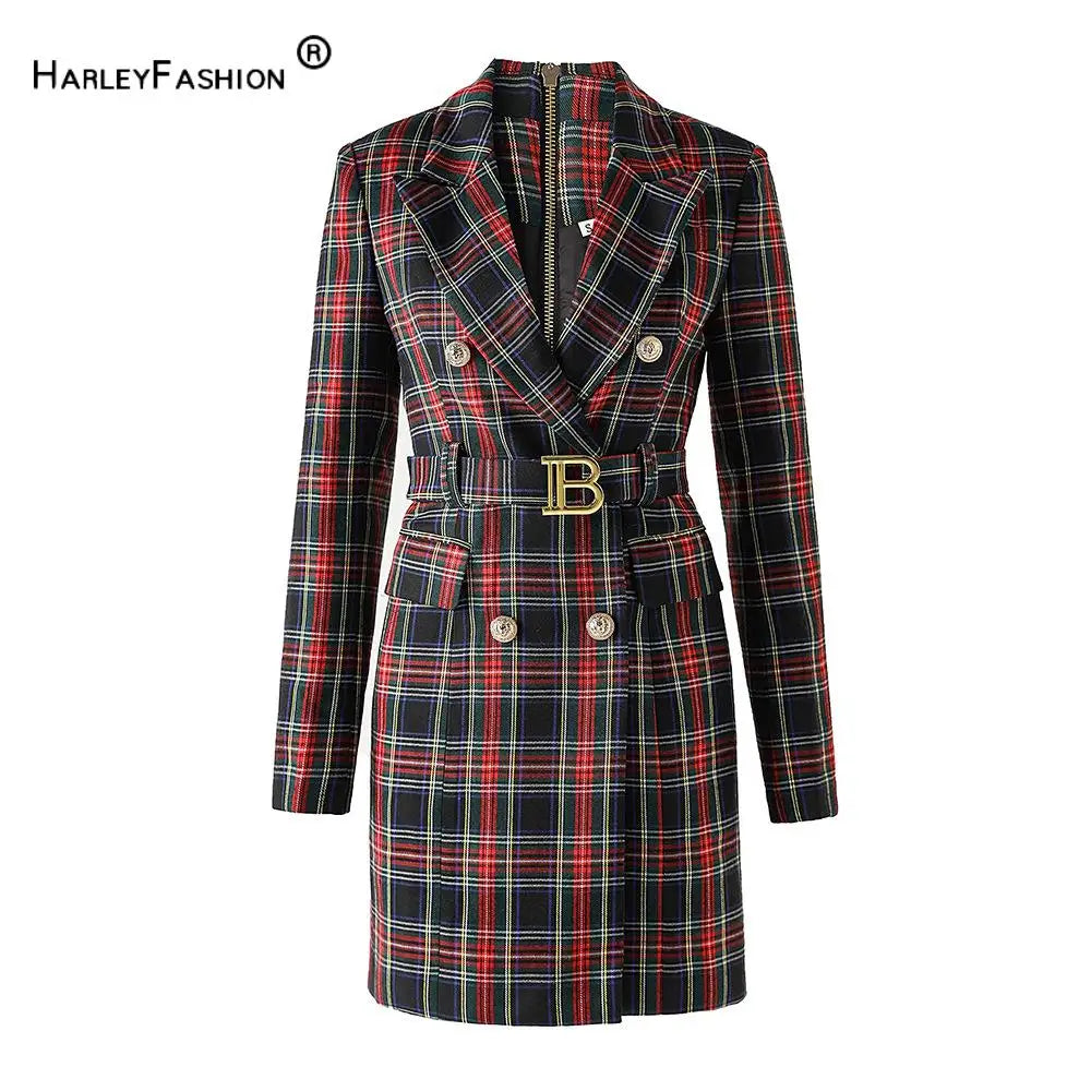 Black Red Plaid Blazer Dress With Belt For Office Women
