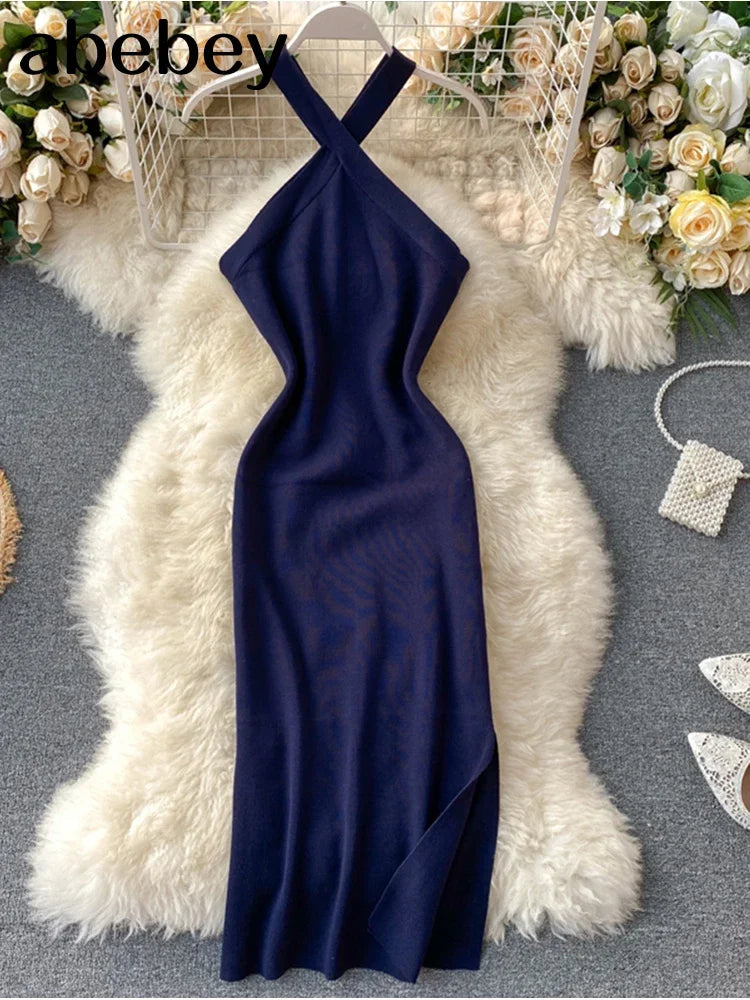 Elegant Solid Backless V Neck Knit Bodycon Dress For Women