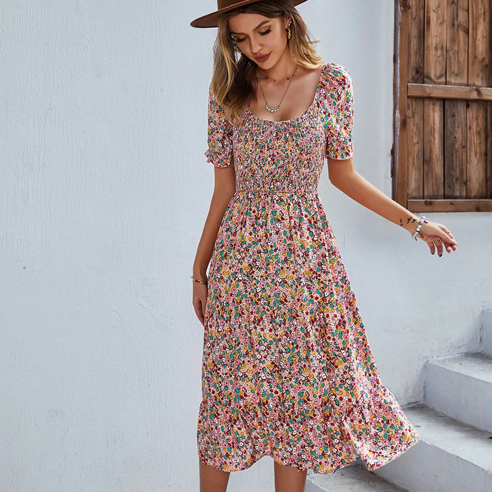 Boho Floral Sundress For Women Vintage Beach Bohemian Dress