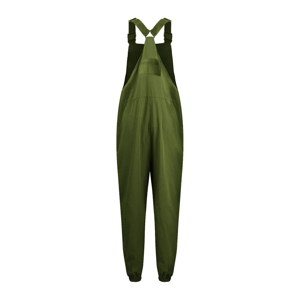Women's Summer Casual Loose Wide Leg Jumpsuit with Adjustable Straps Pockets and Retro Button Detail Solid Color Sleeveless Overalls