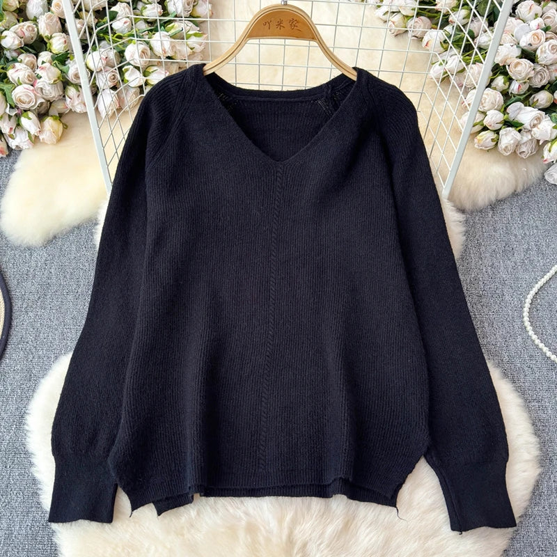 Cozy Knitted Two-Piece Women's Tracksuit Set with V-Neck Sweater and Straight Jogging Pants Autumn Winter Lounge Wear