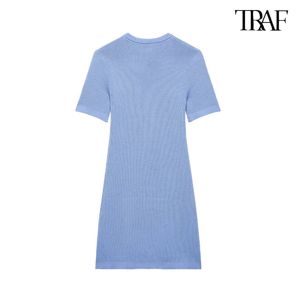 French Chic Solid Color Round Neck Mini Dress For Women