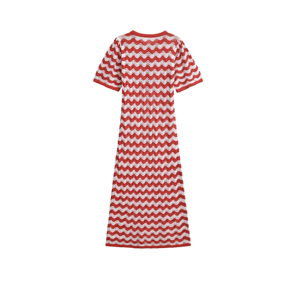 Women's Striped Knit Midi Dress With Front Button O Neck