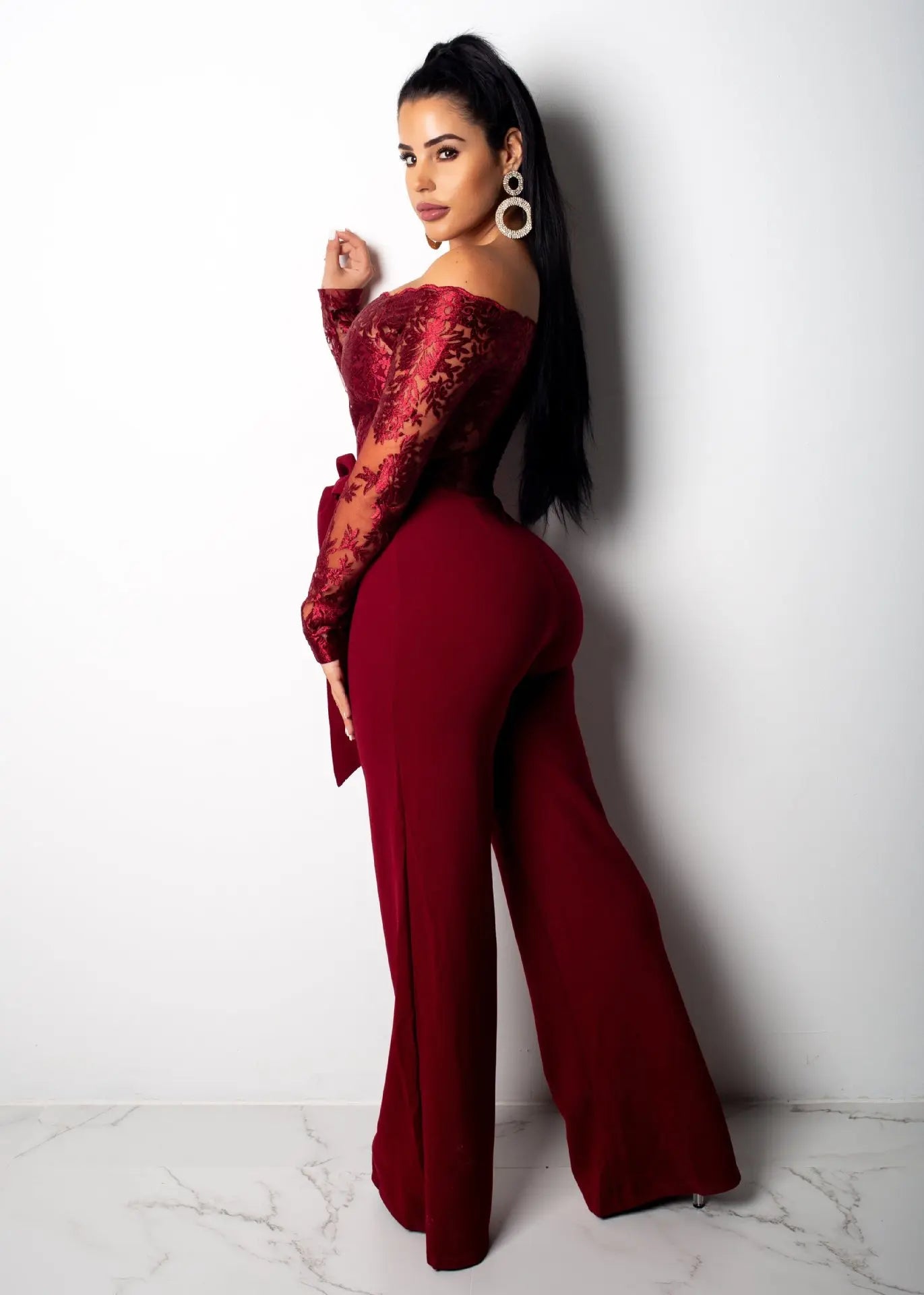 Appliques Lace Patchwork Off Shoulder Jumpsuit for Women with Slash Neck Long Sleeve and Elegant Wide Leg Pants Party Overalls