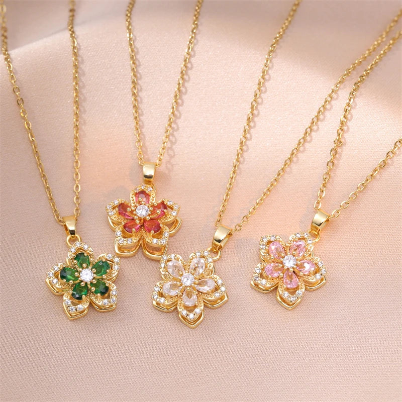 Gold Plated Shiny Zircon Flower Pendant Necklace for Women Elegant Choker Jewelry for Weddings and Parties