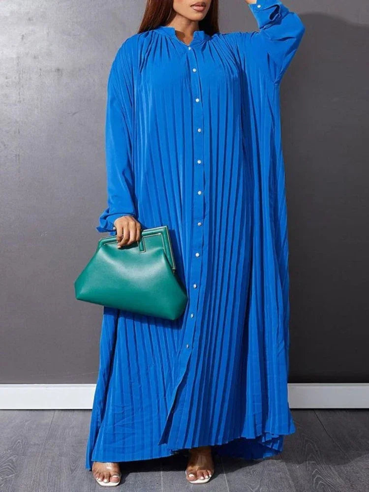 Plus Size Pleated Long Sleeve Dress For Autumn And Winter