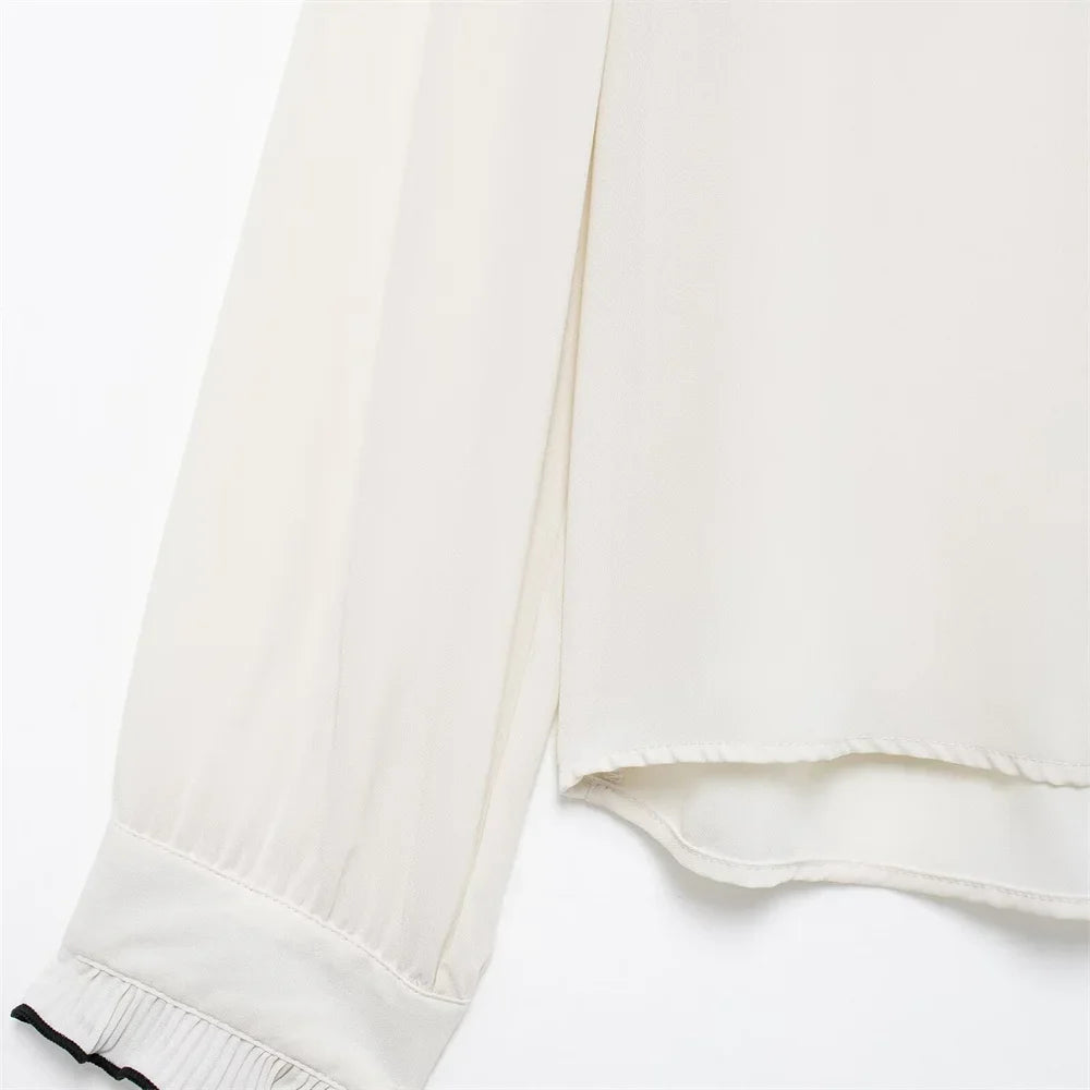 Color Block Splicing Long Sleeve V Neck Shirt with Decorative Edge and Layered Small Pleats