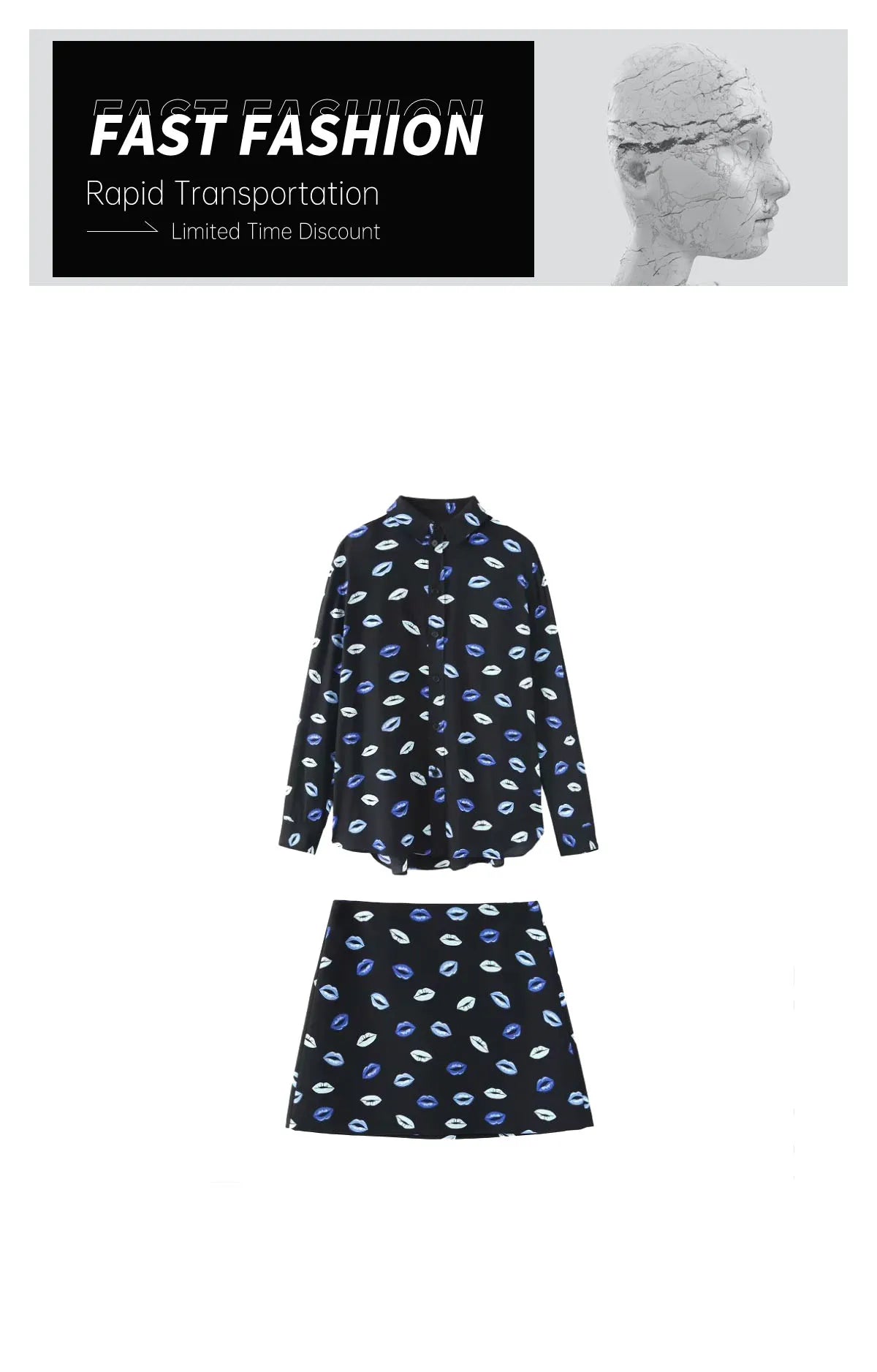 Women's Flip Collar Printed Slim Fit Shirt and High Waist Mini Skirt Set Stylish Versatile Outfit for Spring and Summer