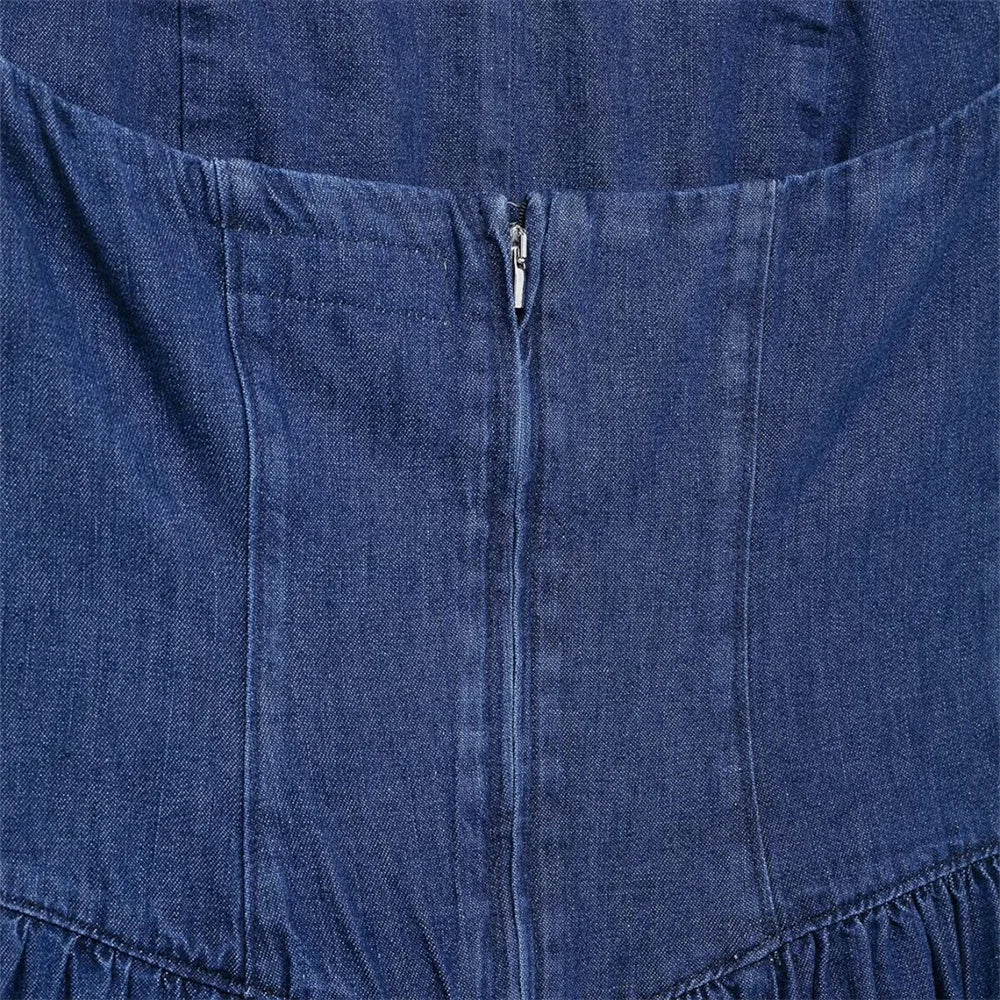 Denim Midi Dress For Women Strapless Backless Zipper Detail