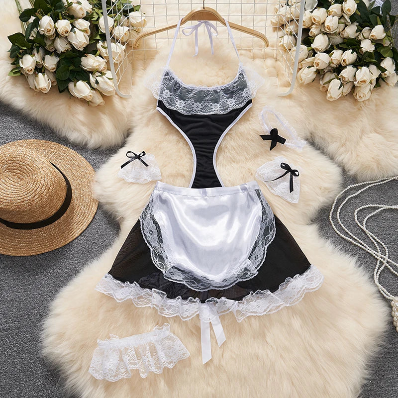 Sexy Lace-Up Lingerie Bodysuit Set with Mini Skirt Backless Patchwork Lace Edge Hollow Cosplay Maid Uniform