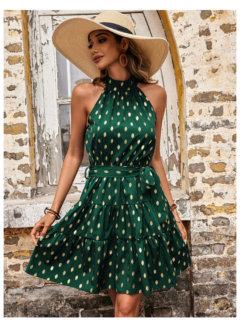Sleeveless Dot Print Midi Dress With A Line Silhouette