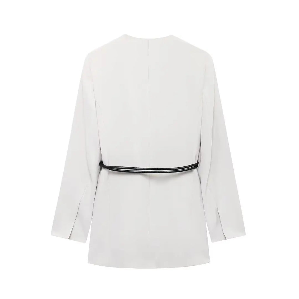 Women's Fashion Long Sleeve Suit Jacket with Belt and Zipper Straight Pants Set