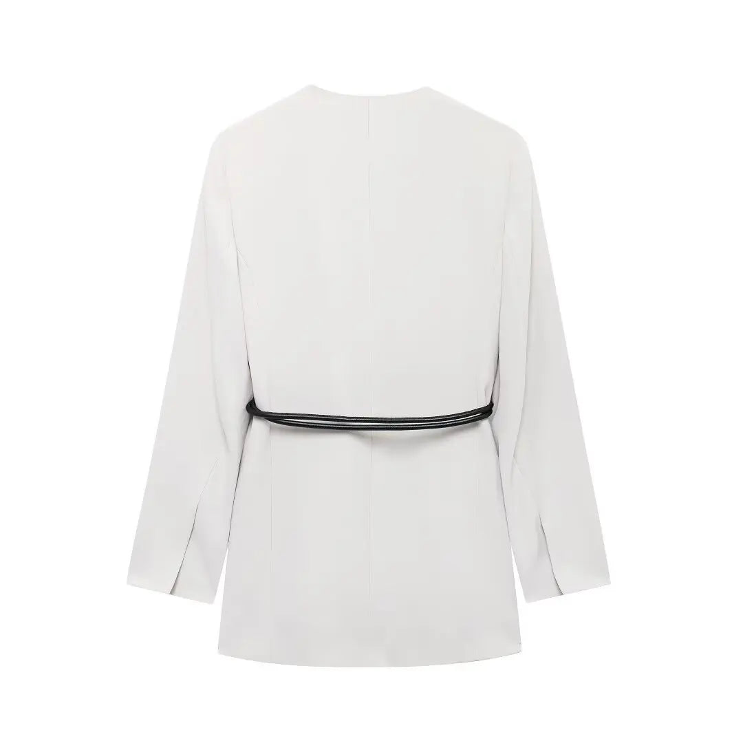 Women's Fashion Long Sleeve Suit Jacket with Belt and Zipper Straight Pants Set